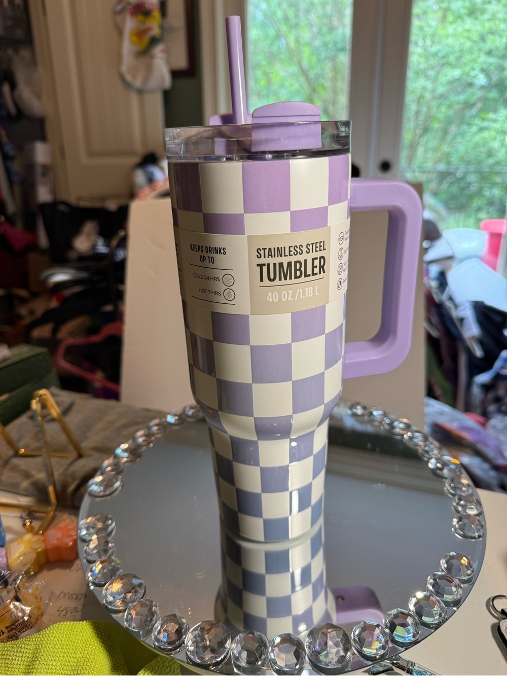 Stainless Steel 40 oz Checkerboard Tumbler - Lavender & White NWT. Hobby Lobby